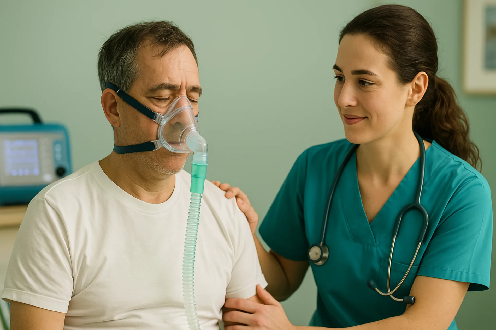 Patient mit Beatmungsmaske in der häuslichen Versorgung